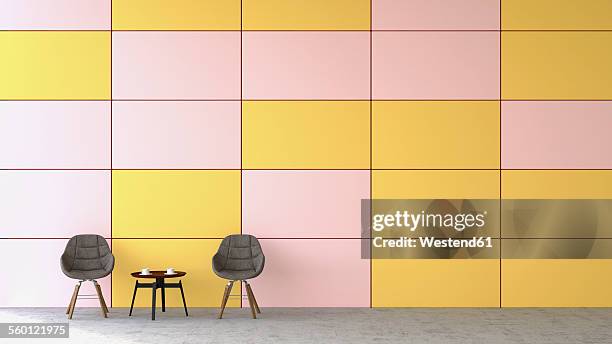 ilustrações, clipart, desenhos animados e ícones de waiting area with two chairs and a side table in front of coloured wall, 3d rendering - um do lado do outro