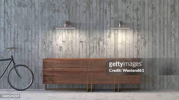 old-fashioned sideboard in modern ambience, 3d rendering - concrete wall stock illustrations