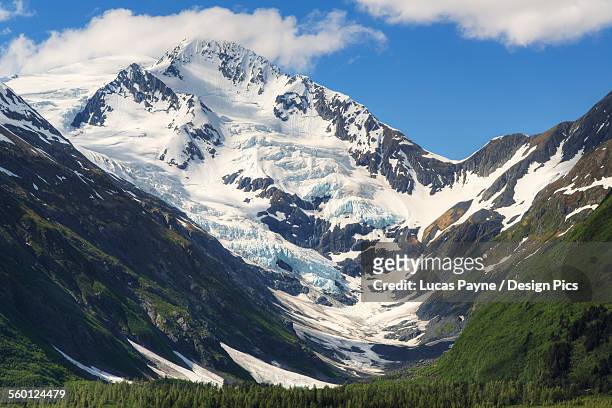 scenic view of byron peak and glacier on a sunny day in portage valley - portage glacier stockfoto's en -beelden