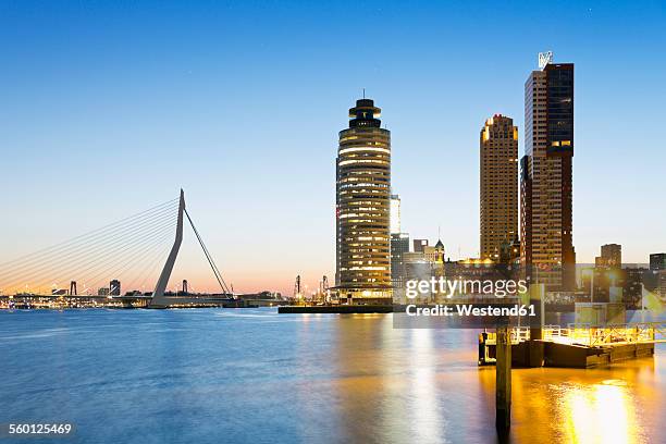 netherlands, county of holland, rotterdam, view to erasmus bridge, kop van zuid, pier in front - erasmusbrug stock pictures, royalty-free photos & images