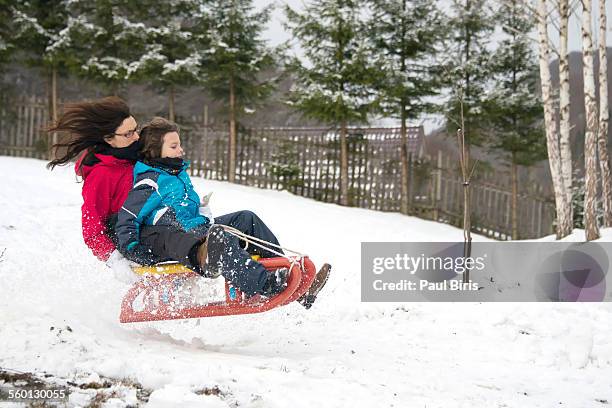 young mother sledding with her son - sports pictures of the month 2014 imagens e fotografias de stock
