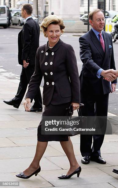 Queen Sonja of Norway arrives at the Royal Institute of British Architects as part of her 3 day visit to the UK to mark 100 years of Norway's...