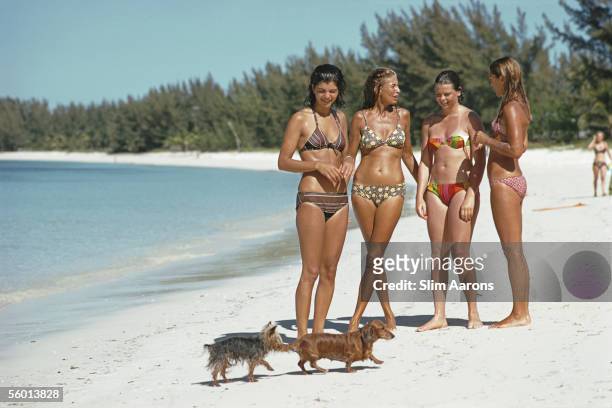Grace, Mrs Dauphinot, Marina Posson and Baroness Meriel de Posson in Lyford Cay, New Providence Island, April 1974.