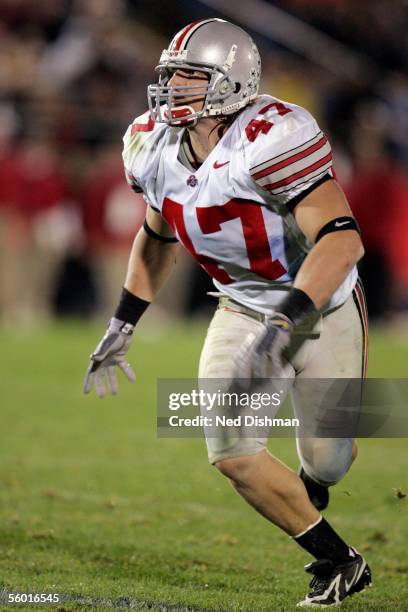 Linebacker A.J. Hawk of the Ohio State Buckeyes looks to make a tackle during a game against the Penn State Nittany Lions on October 8, 2005 at...