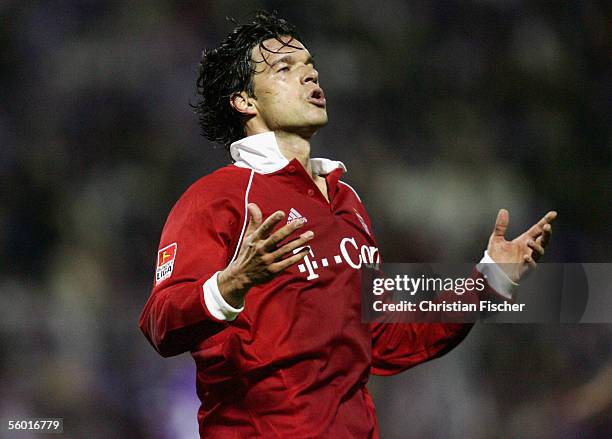 Michael Ballack of Munich reacts after a invalid goal during the DFB German Cup second round match between Erzgebirge Aue and Bayern Munich at the...