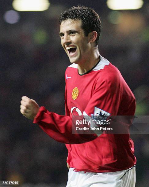 Giuseppe Rossi of Manchester United celebrates scoring the third goal during the Carling Cup third round match between Manchester United and Barnet...