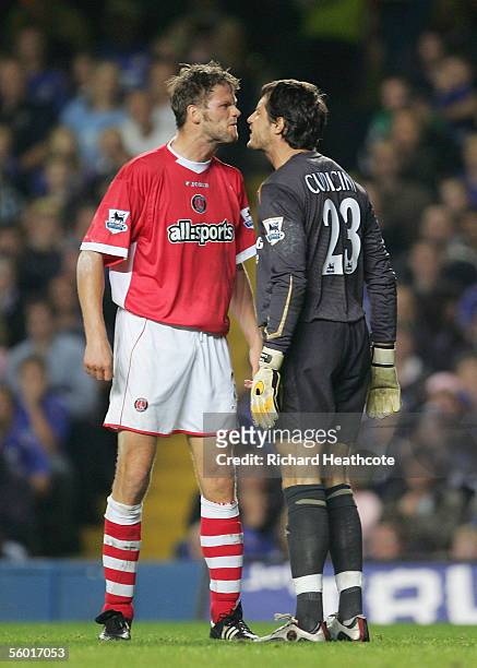 Hermann Hreidarsson of Charlton and Chelsea's Carlo Cudicini exchange words after a goal mouth clash during the Carling Cup Third Round match between...