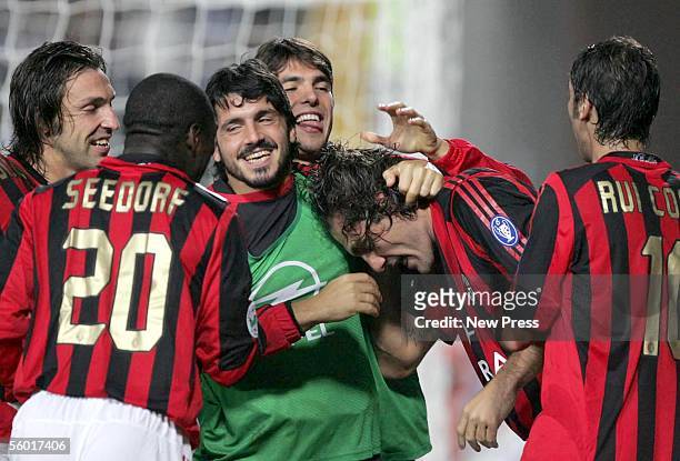 Christian Vieri, Clarence Seedorf, Andrea Pirlo, Ivan Guttuso, Busce Kaka and Rui Costa celebrate a goal during the Serie A match between Empoli and...