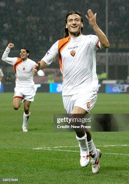 Francesco Totti of AS Roma gestures as he celebrates a goal during the Serie A match between Inter Milan and AS Roma on October 26, 2005 at the...