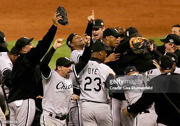 The Chicago White Sox celebrate after winning Game Four of the 2005 Major League Baseball World Series against the Houston Astros at Minute Maid Park...