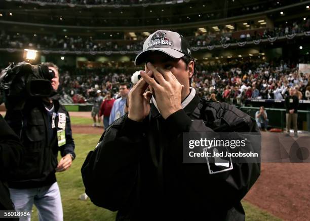 Manager Ozzie Guillen of the Chicago White Sox is emotional after winning Game Four of the 2005 Major League Baseball World Series against the...