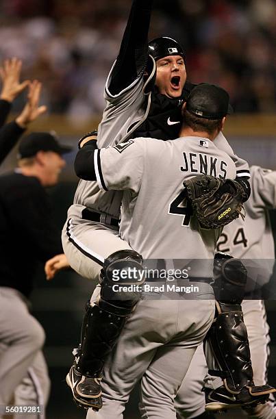 Bobby Jenks and A.J. Pierzynski of the Chicago White Sox celebrate winning the World Series against the Houston Astros at Minute Maid Park on October...