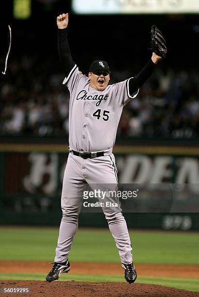 Closing pitcher Bobby Jenks of the Chicago White Sox celebrates after winning Game Four of the 2005 Major League Baseball World Series against the...