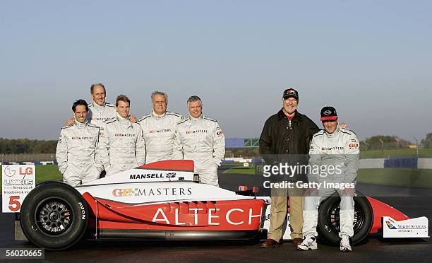 Alex Caffi, Hans Stuck, Patrick Tambay and Derek Warwick pose with Murray Walker and Nigel Mansell during testing for the Grand Prix Masters Series...
