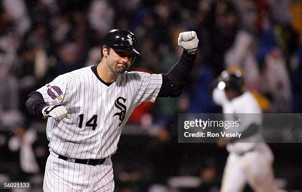 Paul Konerko of the Chicago White Sox reacts after hitting a grand slam home run in the bottom of the seventh inning during Game 2 of the 2005 World...