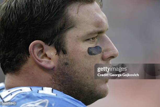 Center Dominic Raiola of the Detroit Lions on the sideline during a game against the Cleveland Browns at Cleveland Browns Stadium on October 23, 2005...