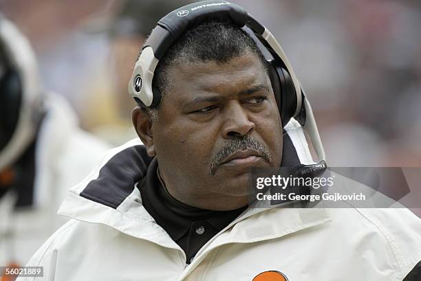Head coach Romeo Crennel of the Cleveland Browns on the sideline during a game against the Detroit Lions at Cleveland Browns Stadium on October 23,...