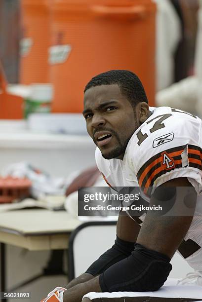 Wide receiver Braylon Edwards of the Cleveland Browns on the sideline during a game against the Detroit Lions at Cleveland Browns Stadium on October...