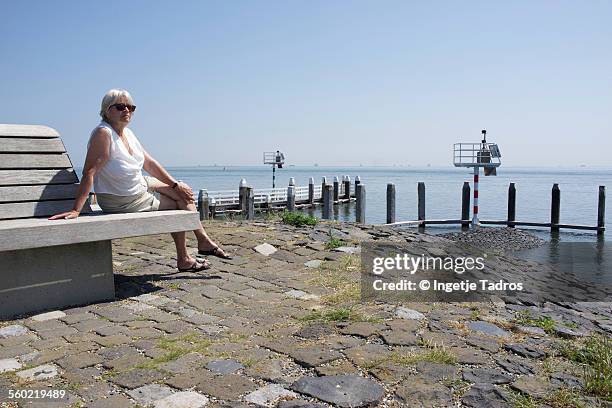 woman sitting on bench looking over the ocean - vlieland stock pictures, royalty-free photos & images