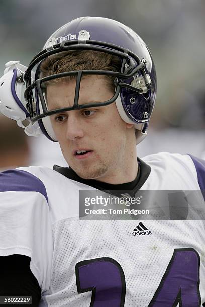 Quarterback Brett Basanez of the Northwestern Wildcats looks on against the Michigan State Spartans at Spartan Stadium on October 22, 2005 in East...