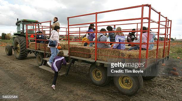 Riders climb aboard a hay-ride with their pumpkins at Didier Farms October 27, 2005 in Prairie View, Illinois. The holiday of Halloween is only four...