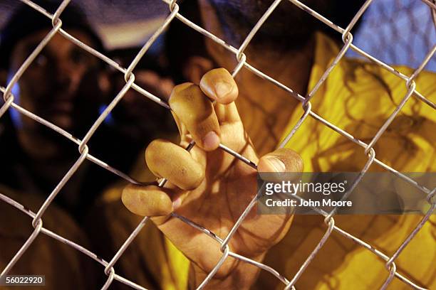 Suspected foreign insurgents stand inside their pen in the Abu Ghraib Prison October 27, 2005 which is located on the outskirts of Baghdad, Iraq....