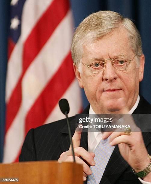 Ambassador to Japan Thomas Schiefer gestures during a press conference at the US Embassy in Tokyo, 28 October 2005. Japan and the United States...