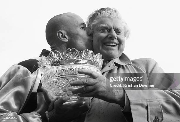 Champion Jockey Glen Boss kisses trainer Bart Cummings after winning the Carlton Draught Caulfield Guineas on God's Own during the Caulfield Guineas...