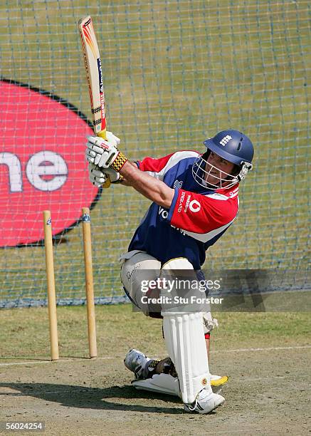 England batsman Andrew Strauss hits out during England Nets at the Rawalpindi Cricket Stadium on October 28, 2005 in Islamabad, Pakistan.