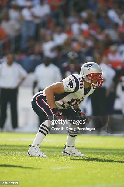 Defensive lineman Chad Brown of the New England Patriots lines up for a play against the Denver Broncos at INVESCO Field at Mile High on October 16,...