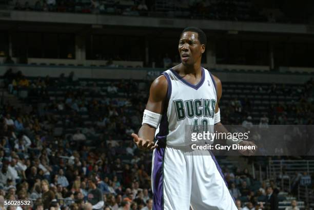 Ervin Johnson of the Milwaukee Bucks reacts against the Minnesota Timberwolves during a NBA preseason game October 22, 2005 at the Bradley Center in...