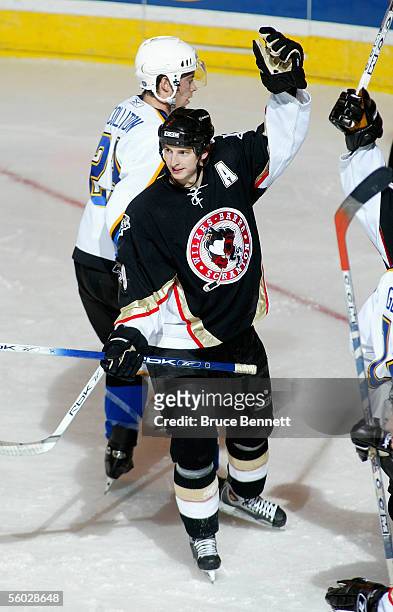Colby Armstrong of the Wilkes-Barre/Scranton Penguins celebrates against the Bridgeport Sound Tigers at Bridgeport's Arena at Harbor Yard on October...