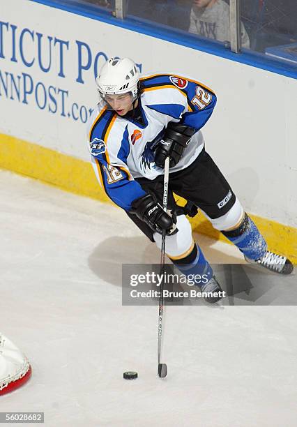 Bruno Gervais of the Bridgeport Sound Tigers starts the break out play against the Wilkes-Barre/Scranton Penguins at Bridgeport's Arena at Harbor...