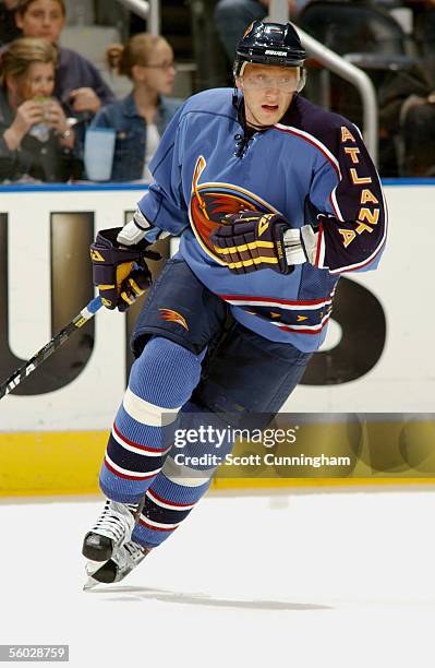 Right wing Marian Hossa of the Atlanta Thrashers skates against the New Jersey Devils at Philips Arena on October 22, 2005 in Atlanta, Georgia. The...