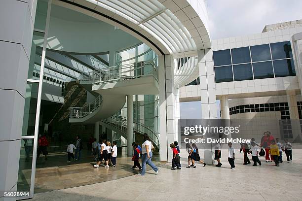 School children enter the Museum Entrance Hall at the Getty Center October 28, 2005 in Los Angeles, California. The J. Paul Getty Museum's recently...