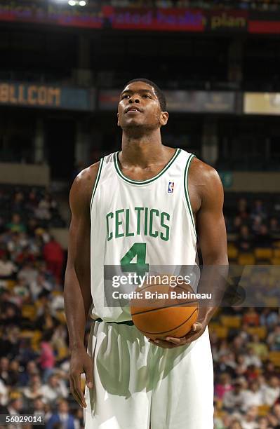 Ryan Gomes of the Boston Celtics gets set to shoot a free throw attempt against the Cleveland Cavaliers during a preseason NBA game October 26, 2005...