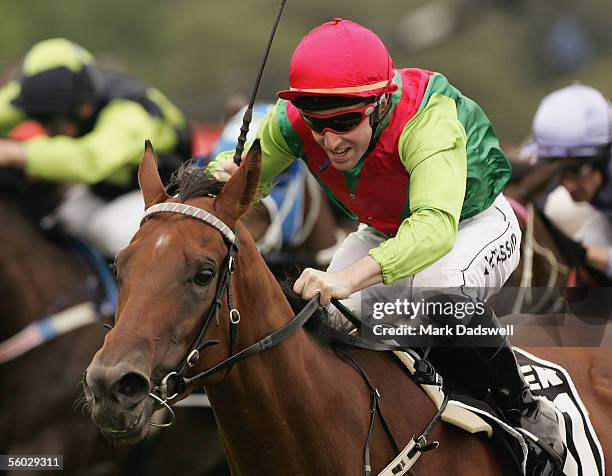 Lotteria ridden by Larry Cassidy wins the Myer Classic during the AAMI Victoria Derby Day at Flemington Racecourse October 29, 2005 in Melbourne,...