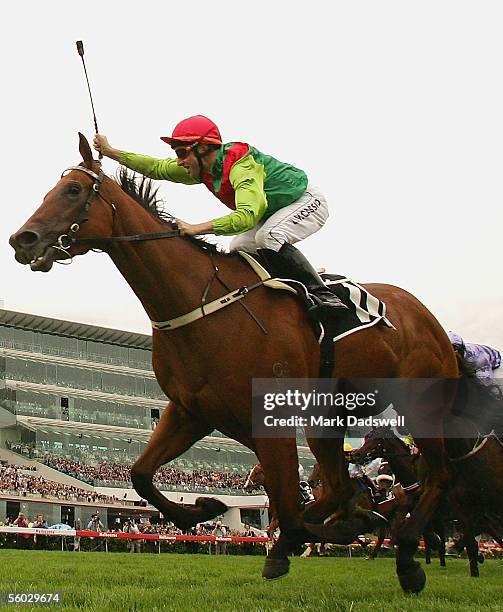 Lotteria ridden by Larry Cassidy wins the Myer Classic during the AAMI Victoria Derby Day at Flemington Racecourse October 29, 2005 in Melbourne,...