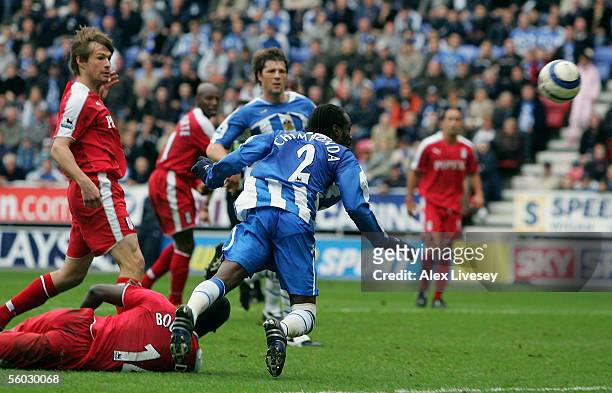 Pascal Chimbonda of Wigan Athletic scores the winning goal during the Barclays Premiership match between Wigan Athletic and Fulham at the JJB Stadium...