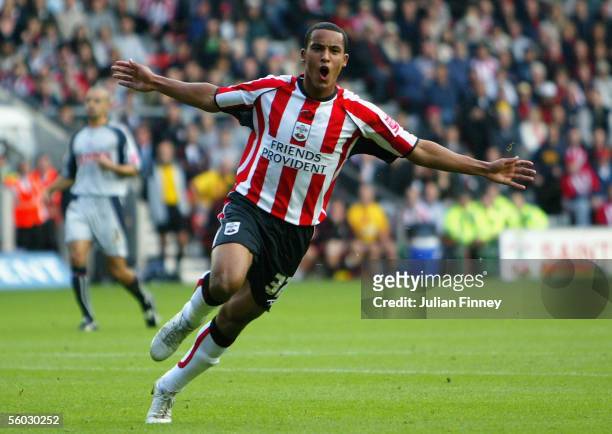 Theo Walcott of Southampton celebrates scoring a goal during the Coca-Cola Championship match between Southampton and Stoke City at St Mary's Stadium...