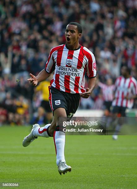 Theo Walcott of Southampton celebrates scoring a goal during the Coca-Cola Championship match between Southampton and Stoke City at St Mary's Stadium...