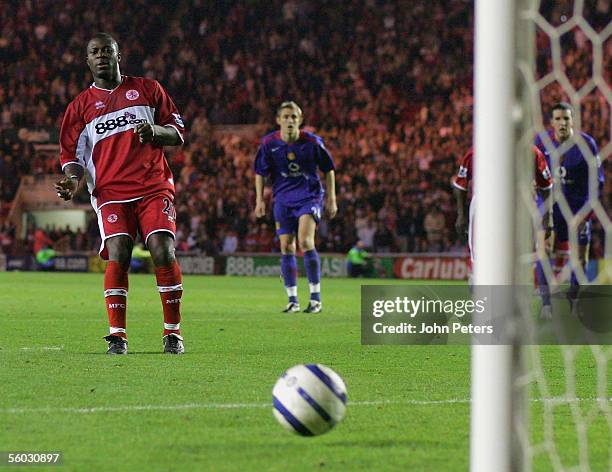 Yakubu of Middlesbrough scores their third goal from the penalty spot during the Barclays Premiership match between Middlesbrough and Manchester...