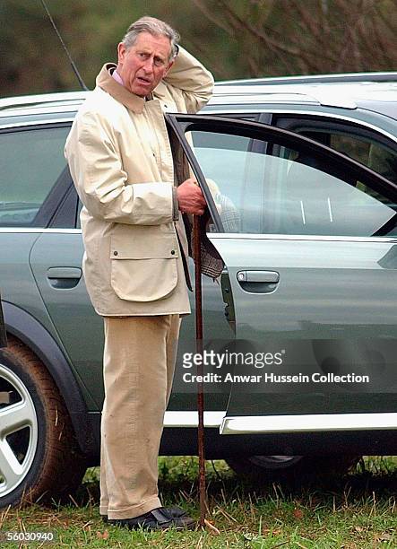 Prince Charles, Prince of Wales scratches his head during the National Hedge Laying Championships at Home Farm on October 29, 2005 in Tetbury,...
