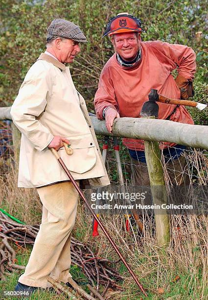 Prince Charles, Prince of Wales speaks to participants during the National Hedge Laying Championships at Home Farm on October 29, 2005 in Tetbury,...