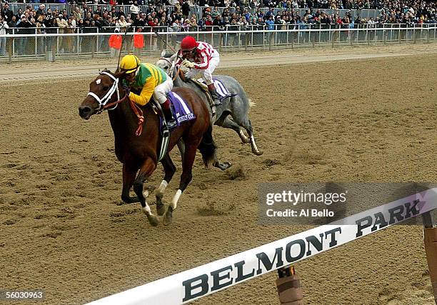 Winner, Folklore, ridden by Edgar Prado , races against Wild Fit ridden by Alex Solis in the Alberto VO5 Breeders' Cup Juvenile Fillies race during...