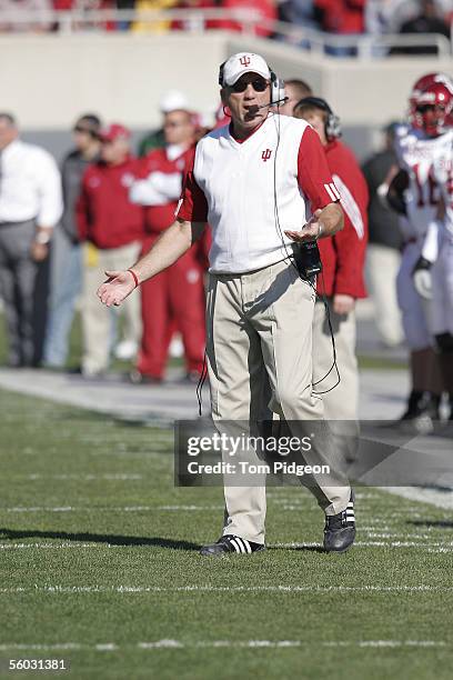 Head Coach, Terry Hoeppner of Indiana, reacts to a play against Michigan State on October 29, 2005 at Spartan Stadium in East Lansing, Michigan....