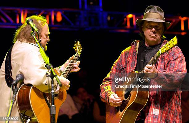 Crosby, Stills, Nash, and Young perform as part of the 19th Annual Bridge School Benefit at Shoreline Amphitheatre on October 29, 2005 in Mountain...