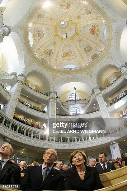 Britain's Duke of Kent sits beside Eva Koehler , wife of German President Horst Koehler, before the re-consecration ceremony of the Frauenkirche in...