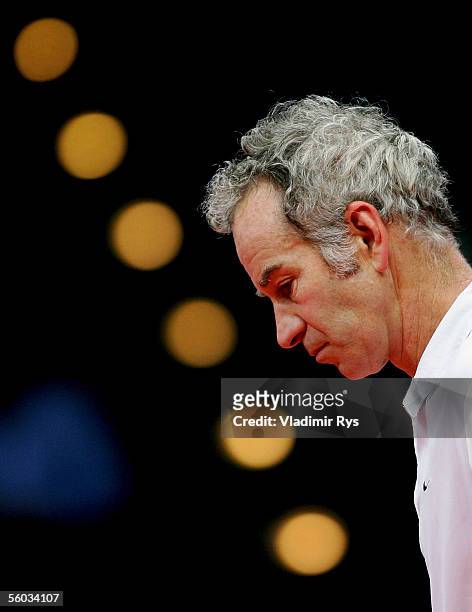 John McEnroe looks down during the final of the Deichmann Champions Trophy at the Grugahalle on October 30, 2005 in Essen, Germany.