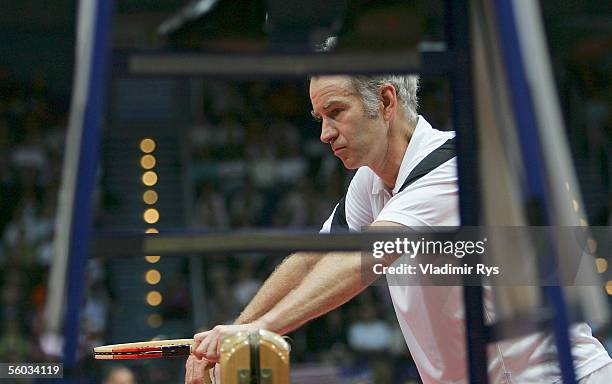 John McEnroe looks frustrated during a discusion with the referee in the final of the Deichmann Champions Trophy at the Grugahalle on October 30,...